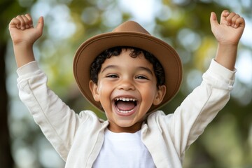 Happy child celebrating outdoors with joyful expression and arms raised under a sunny sky