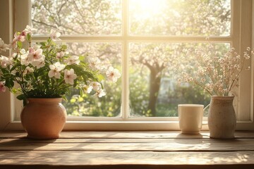 Wall Mural - Bright morning sunlight filters through a window illuminating flower-filled pots and a simple mug