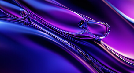 Poster - Closeup of vibrant purple and blue liquid flowing, creating sleek curves and forming droplets. High gloss, reflective surface with dramatic lighting.