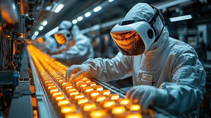 Poster - Workers in protective gear using technology in a high-tech manufacturing environment.