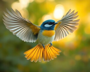 Wall Mural - Bird in flight with vibrant wings, soft lighting, serene outdoor atmosphere