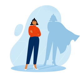 A vector illustration of a confident woman standing with arms crossed, her shadow reflecting a superhero with a cape. Concept of inner strength, empowerment, and self-confidence.