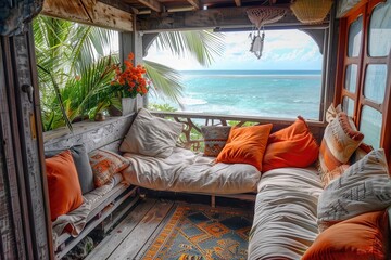 Poster - Cozy reading nook with ocean view during sunset, showcasing a bookshelf filled with books and warm seating