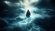 © Paul - Miraculous moment as Jesus walks on a turbulent sea, stormy skies with heavy rain and winds, light emanating from him, biblical storm concept
