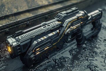 Poster - Futuristic laser gun design featuring sleek white exterior, glowing blue elements, and intricate mechanical detailing in a high-tech environment
