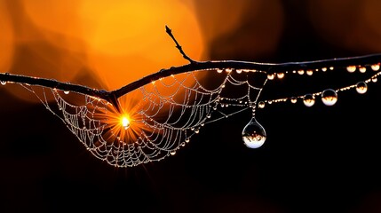 Wall Mural - Sunrise through dewy spiderweb on branch.