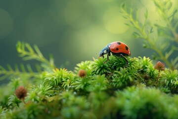 Aufkleber - Close-up of a vibrant insect exploring colorful moss in a forest setting during daylight hours in nature's habitat