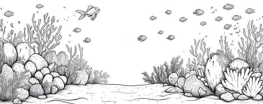 oral reef, children's style, coloring book, white background, arrangement of marine plants with coral and starfish and other plants