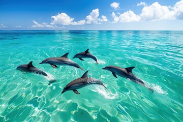 Aufkleber - Dolphins leap gracefully through clear turquoise waters in a tranquil tropical setting during a sunny day