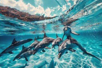 Aufkleber - Dolphins leap gracefully through clear turquoise waters in a tranquil tropical setting during a sunny day