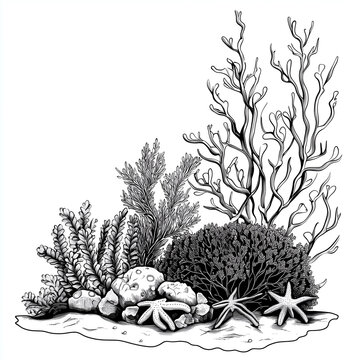 oral reef, children's style, coloring book, white background, arrangement of marine plants with coral and starfish and other plants