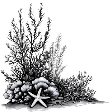 oral reef, children's style, coloring book, white background, arrangement of marine plants with coral and starfish and other plants