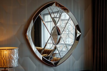 Aufkleber - Decorative modern mirror reflecting natural light in a stylish interior with warm tones and elegant design