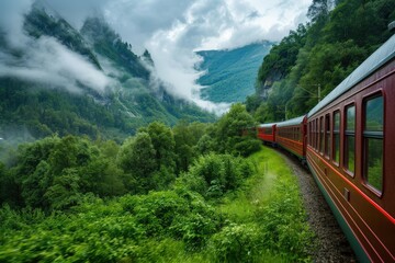 Wall Mural - Train travels along a scenic mountain route surrounded by lush greenery and rolling hills in the early morning light