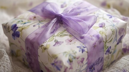 Wall Mural - Beautifully Wrapped Gift Box with Purple Ribbon and Floral Design on Delicate Surface for Celebrations, Special Occasions, and Joyful Events