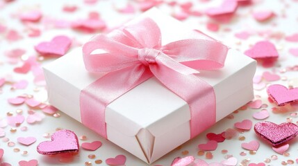 Wall Mural - Elegant White Gift Box Tied with Pink Ribbon Surrounded by Sparkling Hearts and Glitter on Soft Surface, Perfect for Celebrating Love and Special Occasions