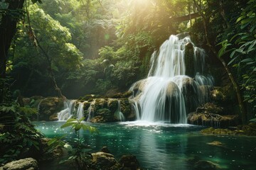 Wall Mural - Serene waterfall cascading into crystal clear pool surrounded by lush green forest at midday