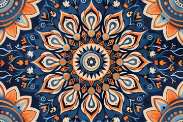 Poster - Intricate mandala design featuring vibrant colors and floral patterns on a dark blue background, showcasing artistic craftsmanship