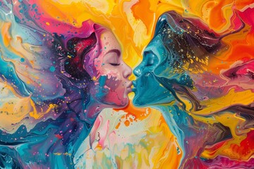 Poster - Colorful abstract painting of two faces emerging from vibrant swirls, representing love and connection in a lively artistic expression