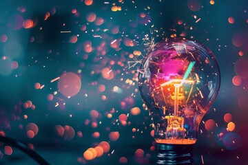 Fototapete - Sparkling light bulb illuminating colorful bokeh against a dark background during a creative still life session