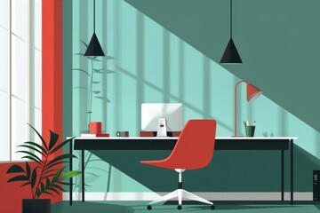 Poster - Modern workspace with stylish furniture, vibrant colors, and natural light in a contemporary interior design setting