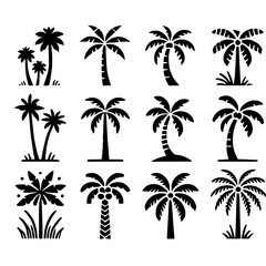 Poster - Palm Trees Icon Set: A collection of 12 palm tree icons in a minimalist, black silhouette style, perfect for adding a touch of tropical charm to your designs. 