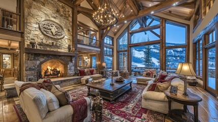 Wall Mural - Luxurious mountain home living room with fireplace, large windows, and stunning views.