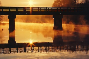 Aufkleber - Sunrise over a serene river with a wooden bridge silhouetted against a golden sky