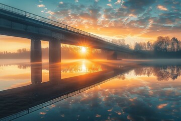 Aufkleber - Sunrise over a serene river with a wooden bridge silhouetted against a golden sky