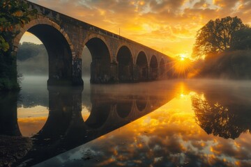 Aufkleber - Sunrise over a serene river with a wooden bridge silhouetted against a golden sky
