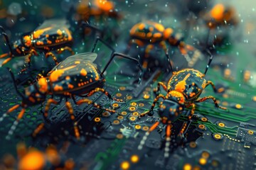 Poster - Robotic insects with glowing red eyes exploring a futuristic landscape filled with intricate details and advanced technology
