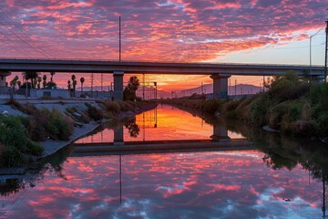 Aufkleber - Sunrise over a serene river with a wooden bridge silhouetted against a golden sky