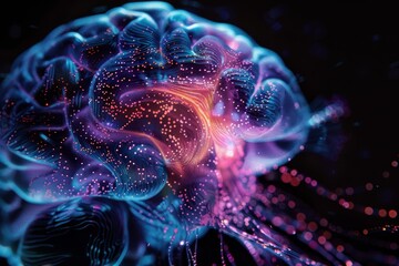 Poster - Colorful digital representation of a brain with intricate patterns glowing in various shades during a creative technology event in a high-tech environment