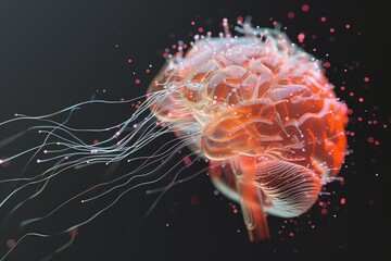 Poster - Colorful digital representation of a brain with intricate patterns glowing in various shades during a creative technology event in a high-tech environment