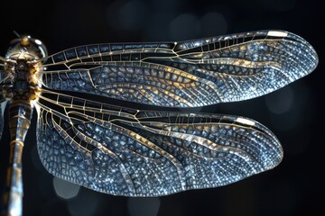 Aufkleber - Captivating close-up of a dragonfly showcasing its intricate wings and body structure against a dark background in a studio setting