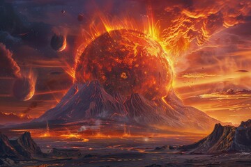 Poster - Stunning illustration of a fiery volcanic eruption under a cosmic sky with celestial bodies and molten lava flows in a dramatic, otherworldly landscape