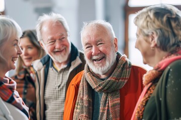 Wall Mural - Senior people talking and laughing together in a row at a conference.