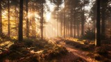 Sunbeams illuminate autumnal forest path.