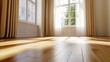 © VisionaryVibe - Sunlit room with wooden floor, large windows, and beige curtains