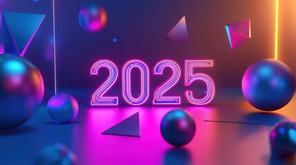 Poster - 3D Scene Featuring Glowing Neon Text and Geometric Shapes Set in Vibrant Colors for Future Themes