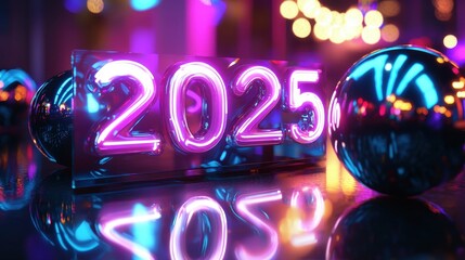Poster - Colorful 2025 Neon Sign with Shiny Reflections and Glittering Surfaces in 3D Rendered Environment