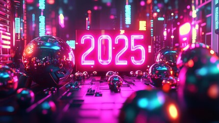 Poster - Futuristic 3D Rendered Scene with Shiny Reflective Surfaces and Neon Elements for 2025 Celebration