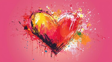 Wall Mural - Colorful Heart Splash Art with Vibrant Paints on Pink Background