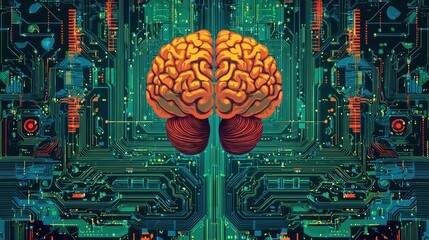 Human brain and circuit board design, intricate digital artwork.