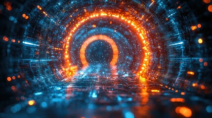 Poster - A futuristic tunnel with glowing blue and orange lights creating a digital atmosphere.