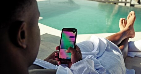 Poster - hands, phone screen and pool on vacation, spa and search for activities on web with trip planning at
