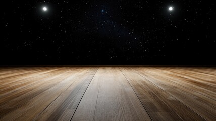 Wooden floor and starry night sky with two lights above