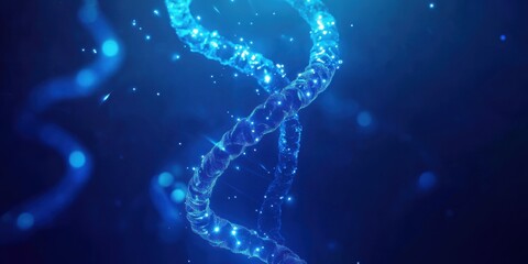 Poster - Glowing blue DNA helix in dark space.