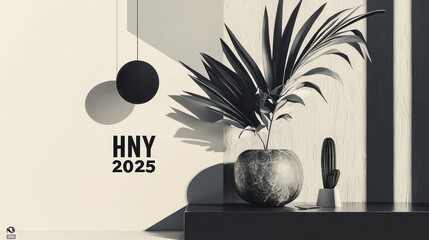 Poster - Minimalist Modern Conceptual Design with Geometric Elements and Plant for New Year Celebration 2025