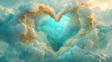 Wall Mural - a heart-shaped cut-out filled with a vivid gradient of teal and gold clouds, shimmering with subtle 